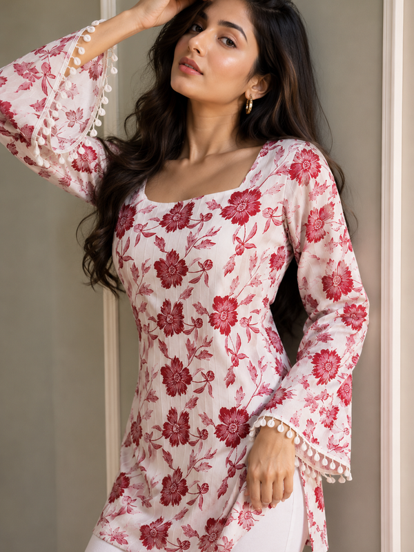 Pink Floral Cotton Kurti with Bell Sleeves