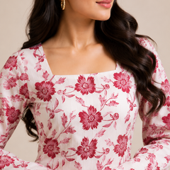 Pink Floral Cotton Kurti with Bell Sleeves