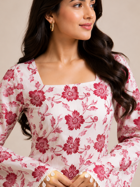 Pink Floral Cotton Kurti with Bell Sleeves
