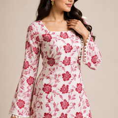 Pink Floral Cotton Kurti with Bell Sleeves