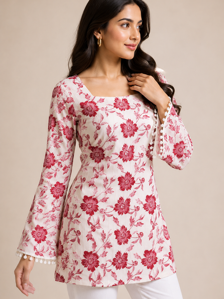 Pink Floral Cotton Kurti with Bell Sleeves