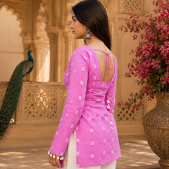 Pink Floral Cotton A-line Kurti for Women