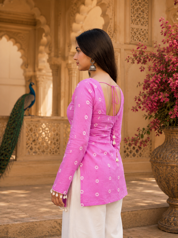 Pink Floral Cotton A-line Kurti for Women