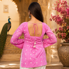 Pink Floral Cotton A-line Kurti for Women