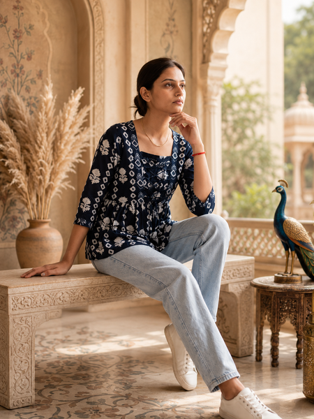 Floral Printed Rayon Top with Square Neck