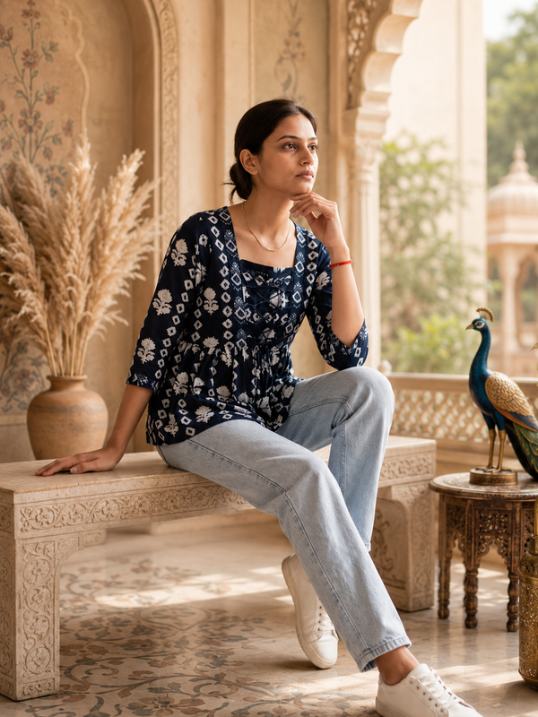 Floral Printed Rayon Top with Square Neck