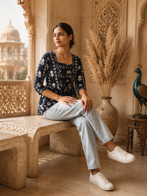 Floral Printed Rayon Top with Square Neck
