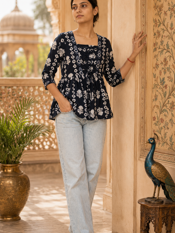 Floral Printed Rayon Top with Square Neck