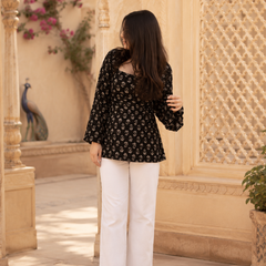 Black Floral Printed Cotton Kurti with Square Neck