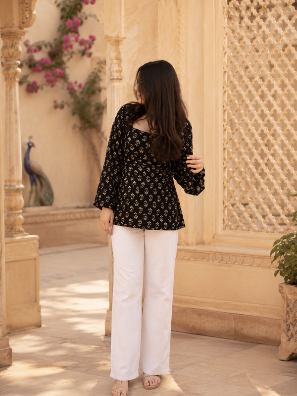 Black Floral Printed Cotton Kurti with Square Neck