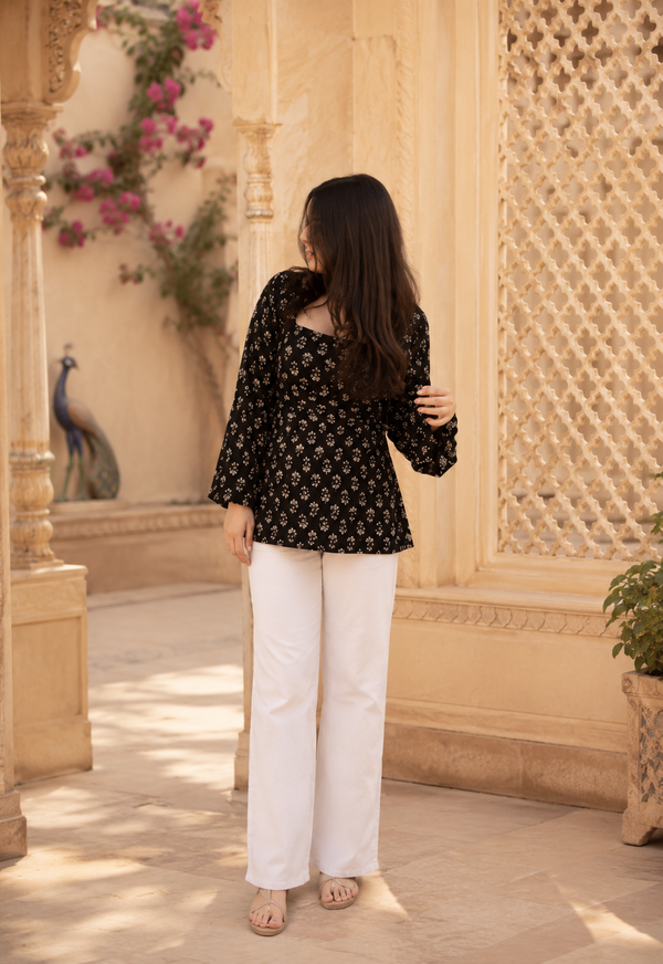 Black Floral Printed Cotton Kurti with Square Neck