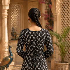 Black Floral Printed Cotton Kurti with Square Neck