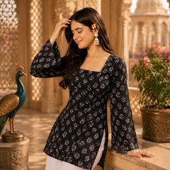 Black Floral Printed Cotton Kurti with Square Neck