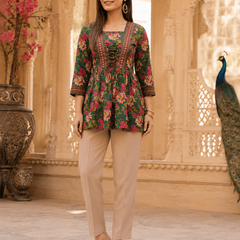 Green Floral Printed Rayon Top for Women