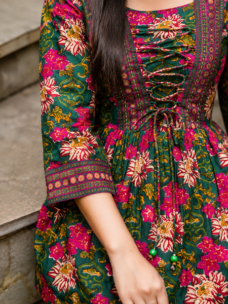 Green Floral Printed Rayon Top for Women