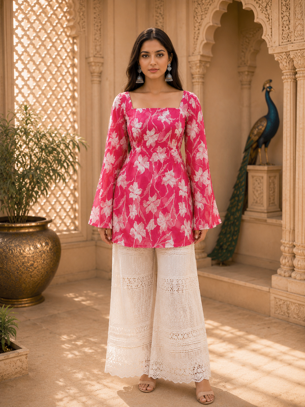 Pink Floral Printed Rayon Kurta for Women