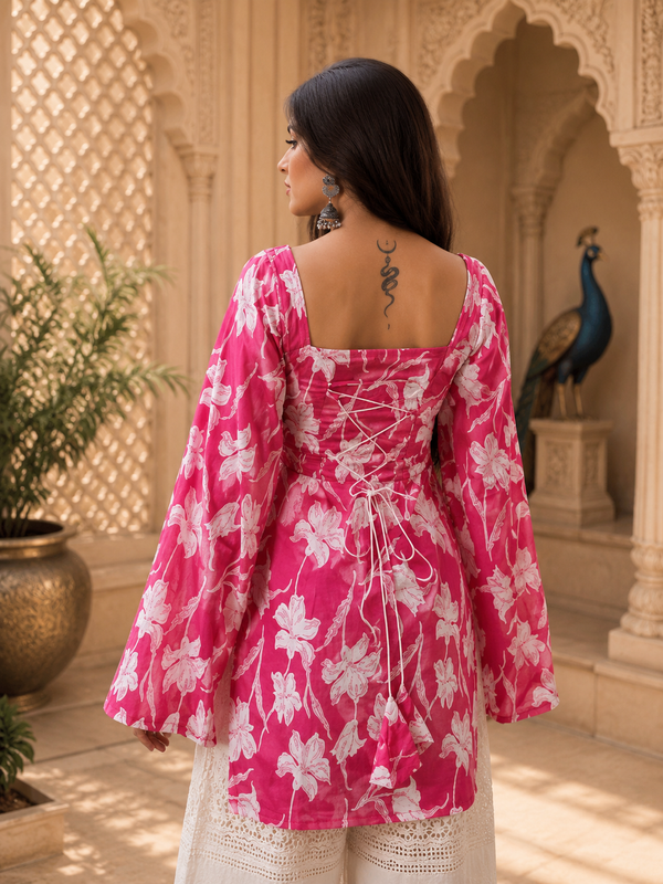 Pink Floral Printed Rayon Kurta for Women