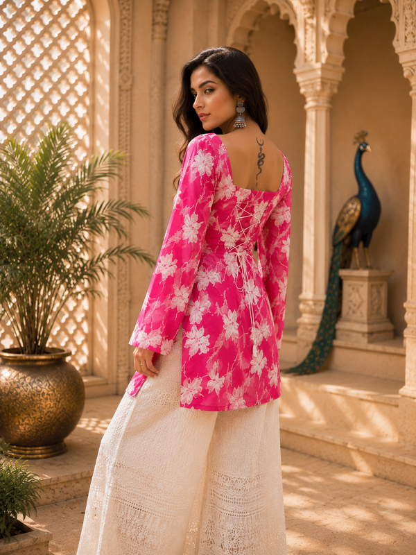 Pink Floral Printed Rayon Kurta for Women
