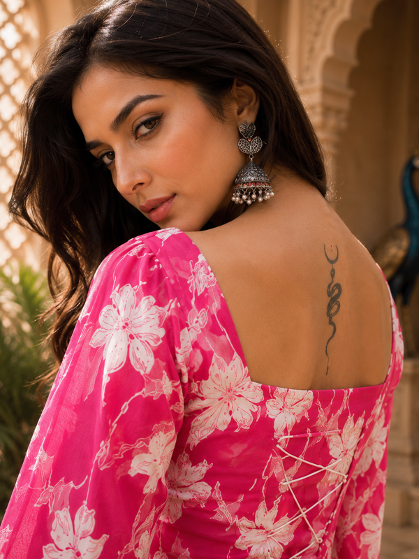 Pink Floral Printed Rayon Kurta for Women