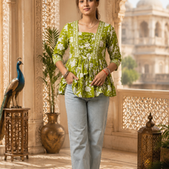 Green Floral Printed Cotton Top for Women