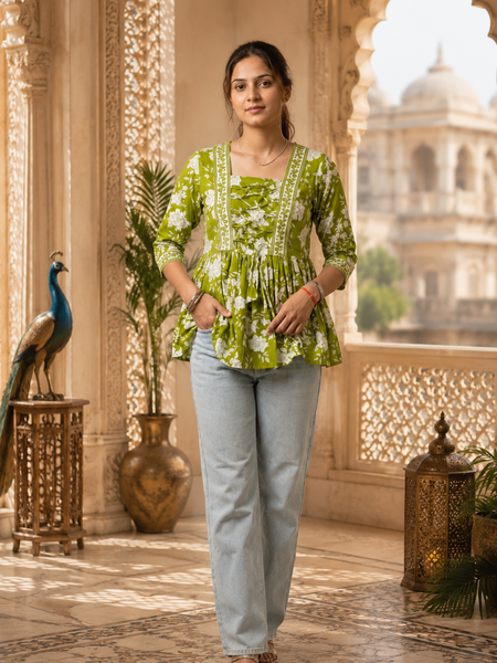 Green Floral Printed Cotton Top for Women