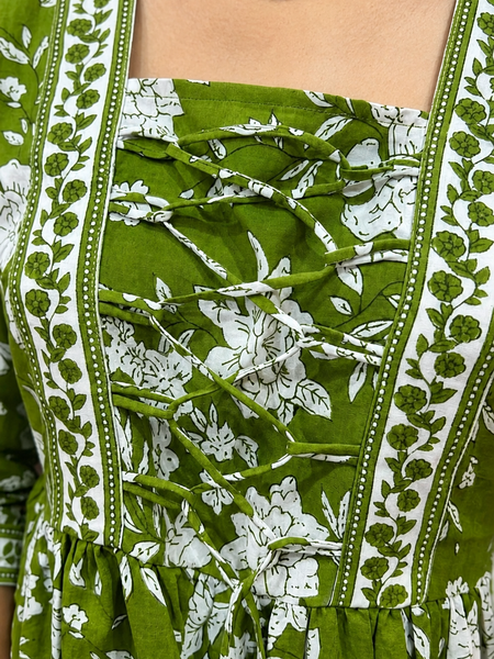 Green Floral Printed Cotton Top for Women