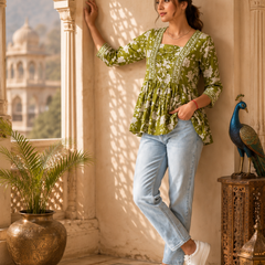 Green Floral Printed Cotton Top for Women