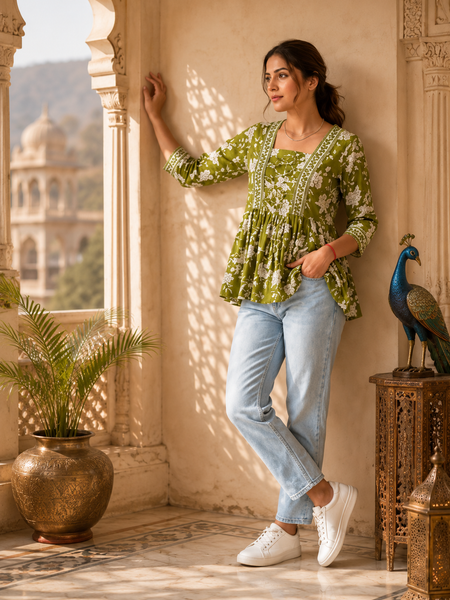 Green Floral Printed Cotton Top for Women