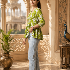 Green Floral Printed Cotton Top for Women