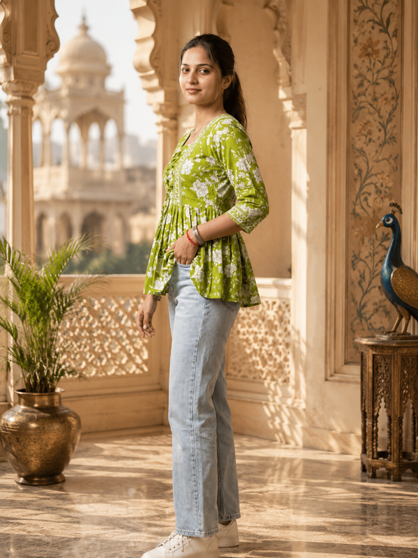 Green Floral Printed Cotton Top for Women