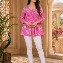 Pink Floral Printed Cotton Tunic Top for Women