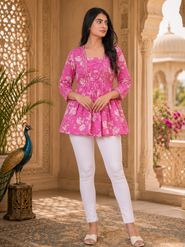 Pink Floral Printed Cotton Tunic Top for Women