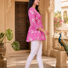 Pink Floral Printed Cotton Tunic Top for Women
