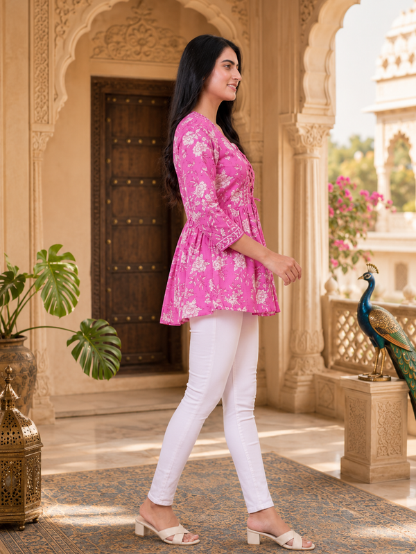 Pink Floral Printed Cotton Tunic Top for Women
