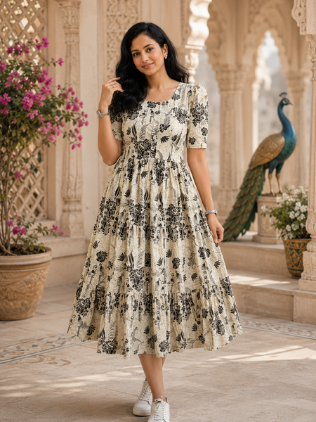 White Floral Printed Rayon Dress