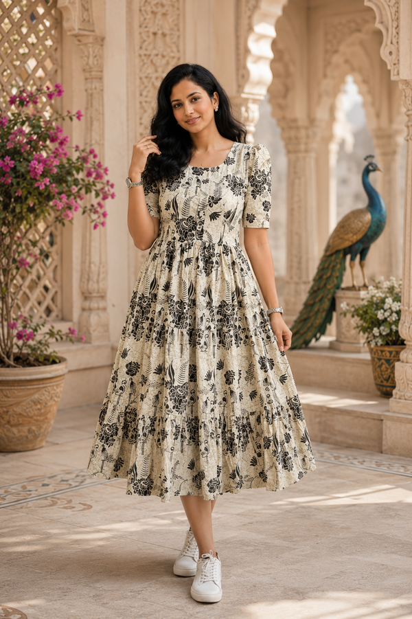 White Floral Printed Rayon Dress