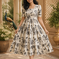 White Floral Printed Rayon Dress