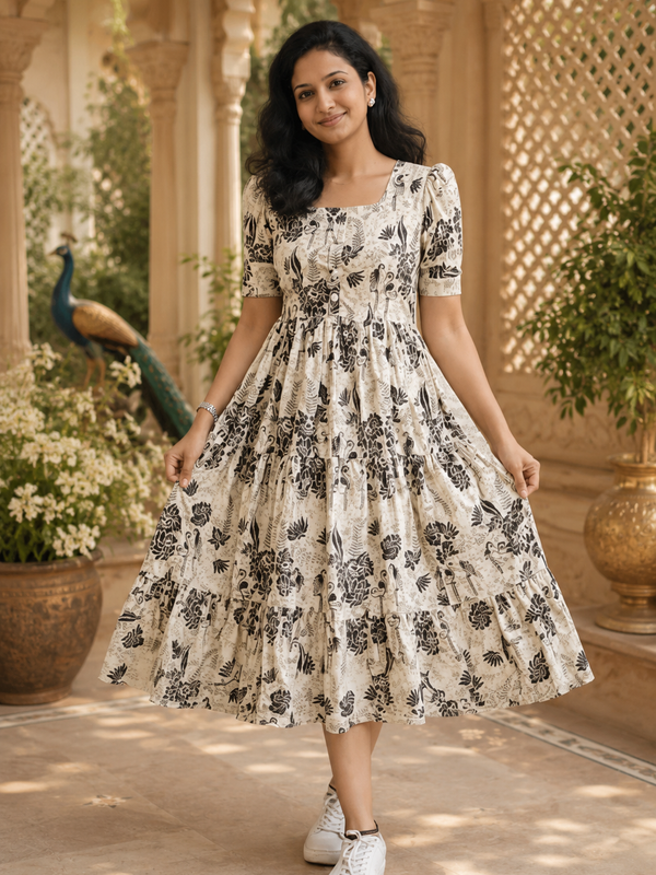 White Floral Printed Rayon Dress