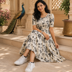 White Floral Printed Rayon Dress