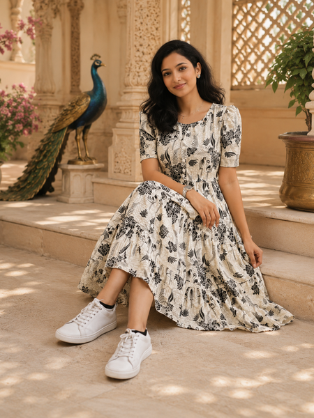 White Floral Printed Rayon Dress