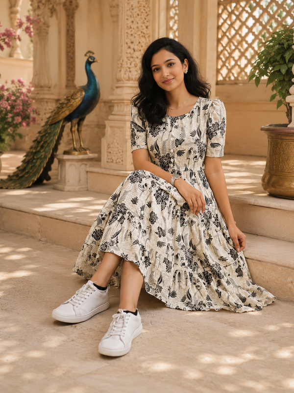 White Floral Printed Rayon Dress