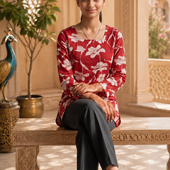 Red Floral Printed Rayon  A-Line Kurti