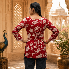 Red Floral Printed Rayon  A-Line Kurti