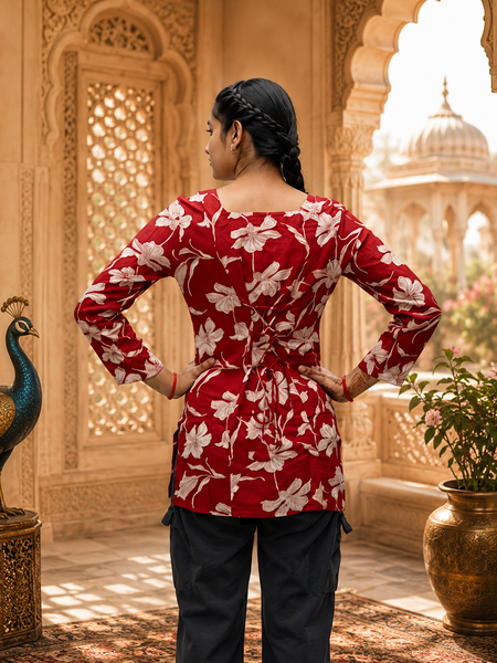 Red Floral Printed Rayon  A-Line Kurti