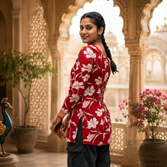 Red Floral Printed Rayon  A-Line Kurti