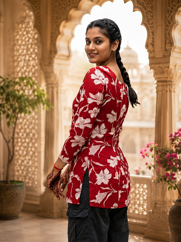 Red Floral Printed Rayon  A-Line Kurti