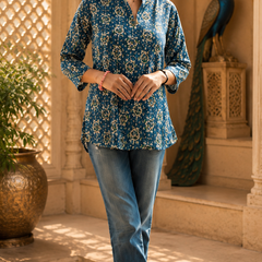 Dark Blue Floral Printed Rayon A-Line Kurti