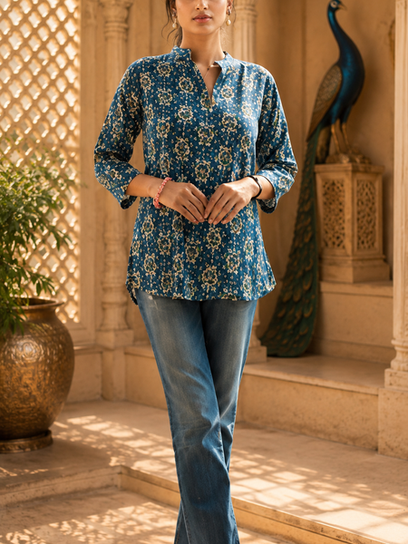 Dark Blue Floral Printed Rayon A-Line Kurti