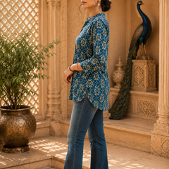 Dark Blue Floral Printed Rayon A-Line Kurti