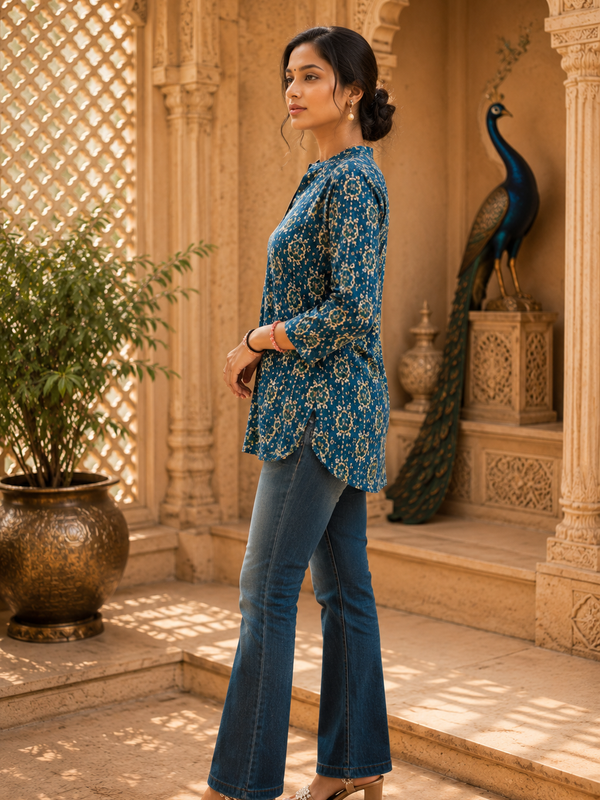 Dark Blue Floral Printed Rayon A-Line Kurti